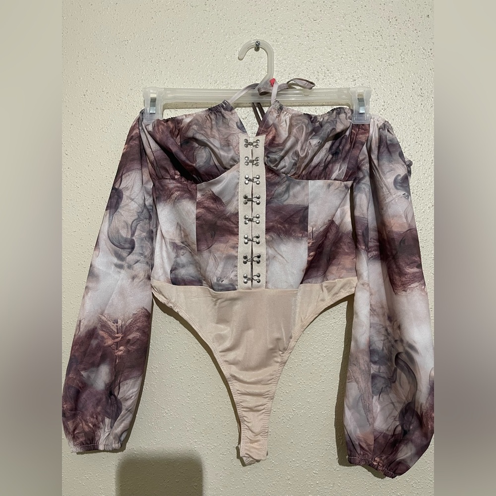 Classy long sleeve blouse type bodysuit in soft tones brand new with tags